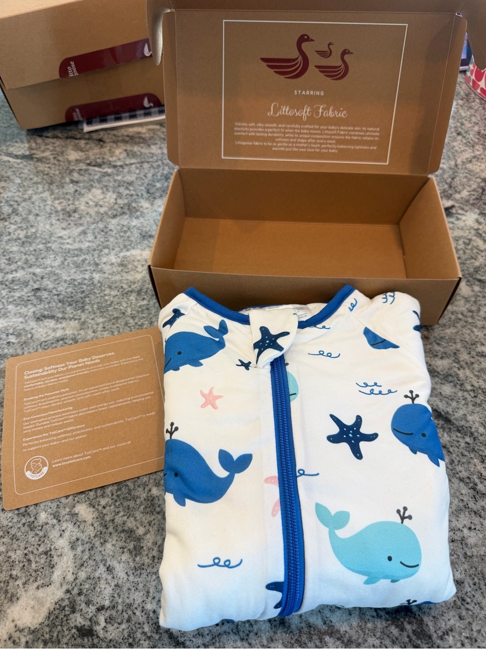 Litto Goose One-Piece Zip Sleep Suit in White with Blue Whale Print 27” Long